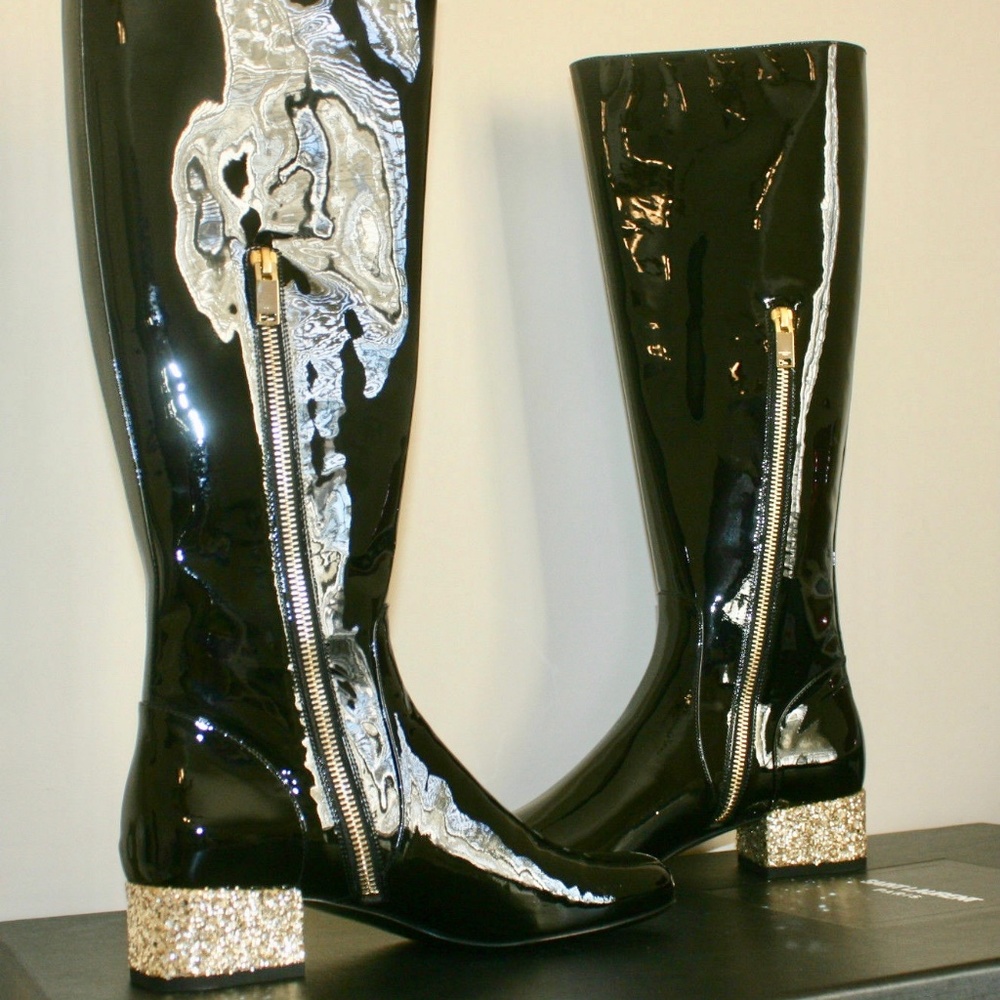 YSL Babies Boots Patent Leather Glitter Heels - Picture 1 of 8